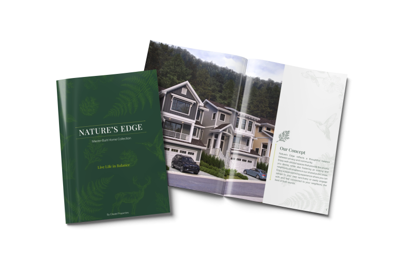The image features an open brochure titled "Nature's Edge", labeled as the Master-Built Home Collection. The cover is a rich, dark green with fern and wildlife silhouettes, promoting a balance with nature. On the right, the inside of the brochure displays an external view of a modern townhouse complex set against a forested backdrop, highlighting the real estate's luxurious and natural setting. Adjacent is a section titled "Our Concept", suggesting a blend of privacy, community, and natural living.